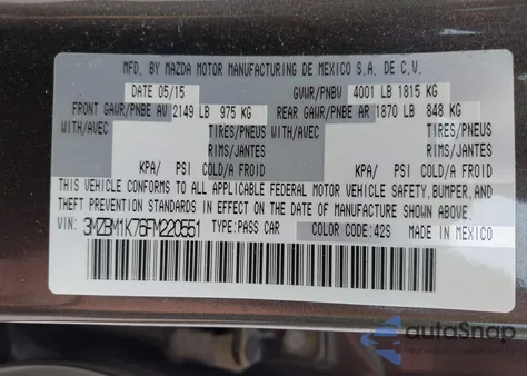 2015 Mazda Mazda3 I Sport from USA, damaged, VIN 3MZBM1K76FM220551